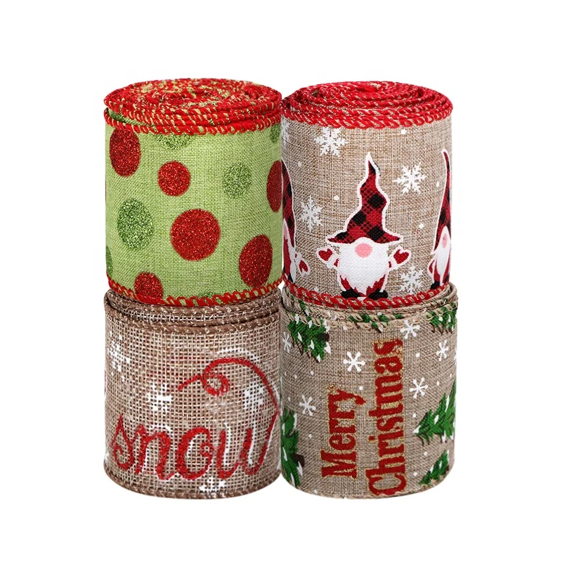 2.5 Inches Christmas Theme Wired Ribbon Wholesale Christmas Printed Burlap ribbons for Wreath Crafts Christmas Trees Decor (1600365398425)