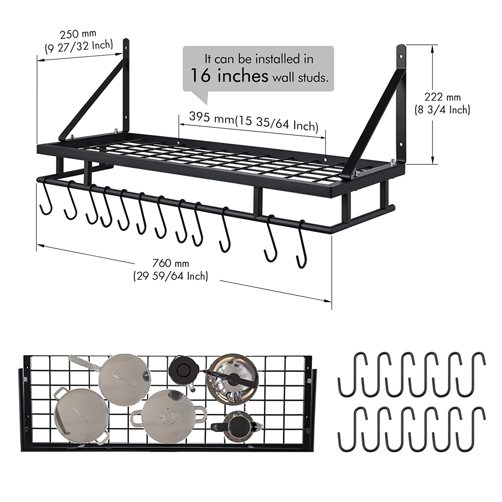 Kitchen Pan Pot Rack Wall Mounted Hanging Storage Organizer Wall Shelf with 12 Hooks Matte Black