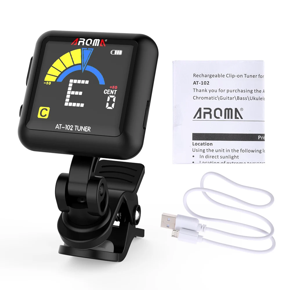 AROMA AT-102 Clip-on Guitar Tuner Rechargeable Color Screen Tuner with Built-in Battery USB Cable