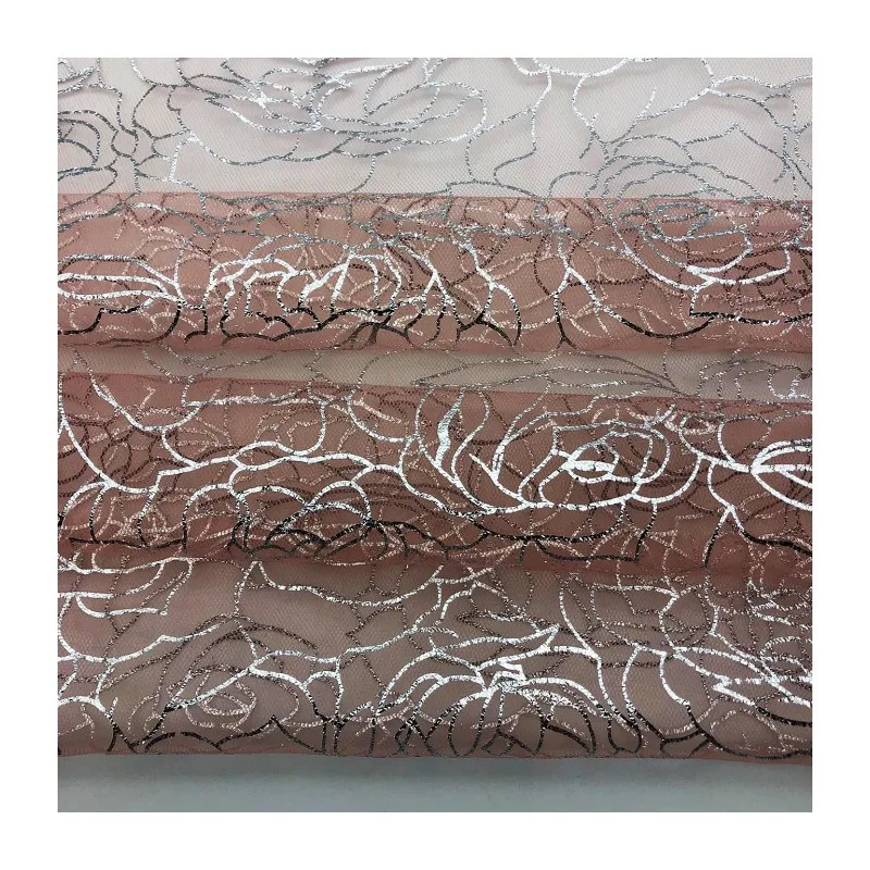 New pattern holographic silver line floral tulle fabric very light glittering foil print knitted fabric for wedding party-dress