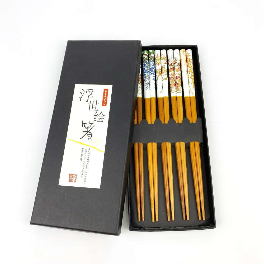 Luxury Reusable Chinese Chopsticks White Lacquer Customized Logo Wooden Leaf Flower Japanese Sushi Chopsticks
