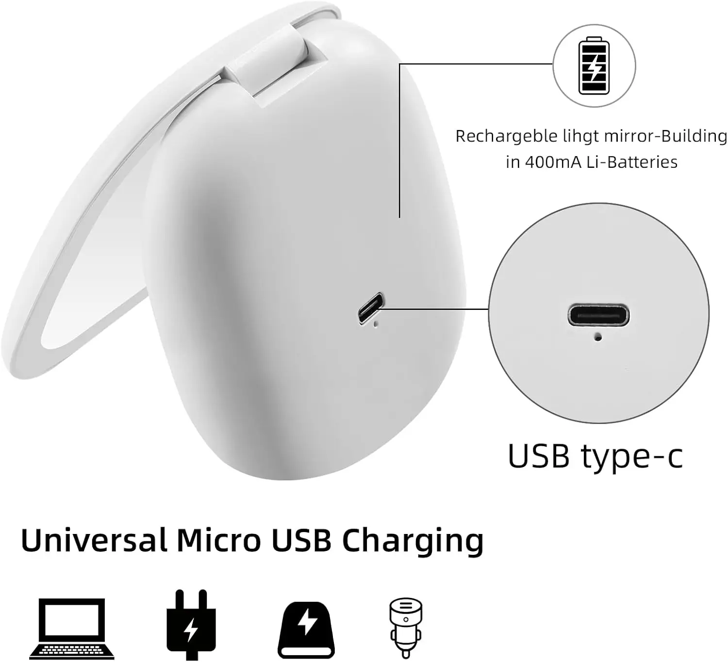 3 Colors LED Travel Makeup Mirror 1x/10x Magnifying Pocket Mirror USB Charging Folding Mirror