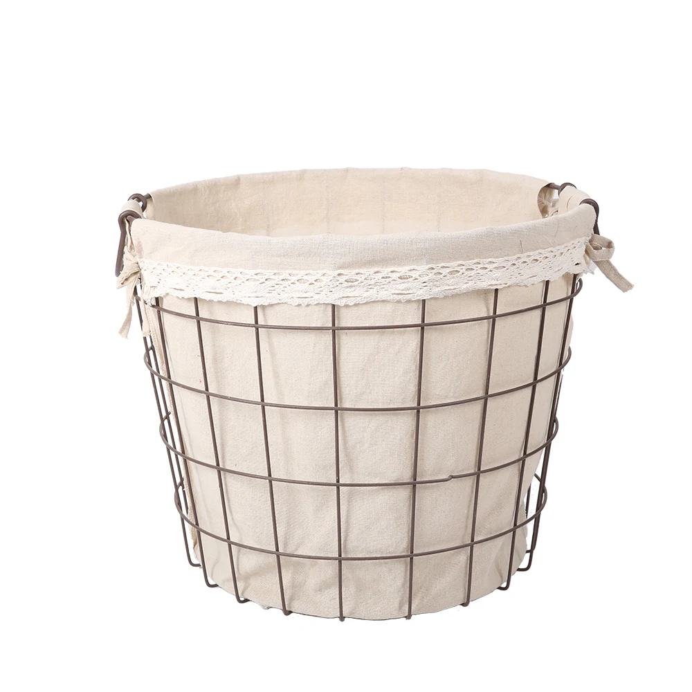 Metal Wire high quality material with  cotton lining  Laundry Basket  iron storage basket white canvas natural storage basket