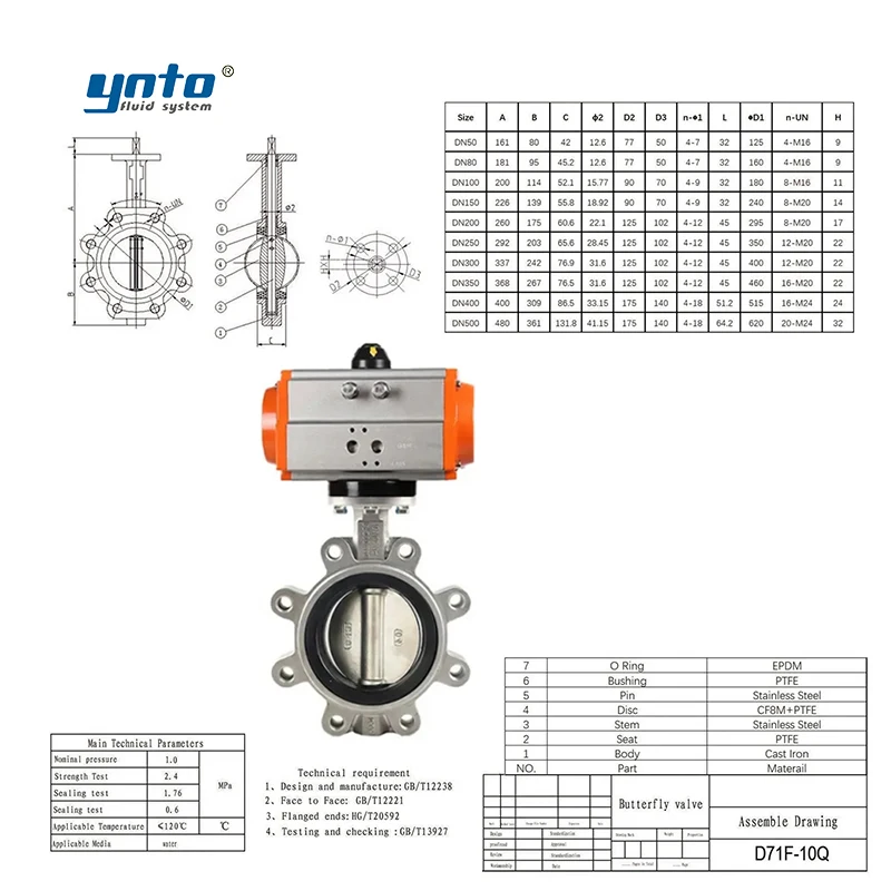 YNTO industrial LTD371X-150LBP Stainless Steel Lug Type Valve 3 4 6 inch Flow Control Ductile Iron SS Pneumatic Butterfly Valve