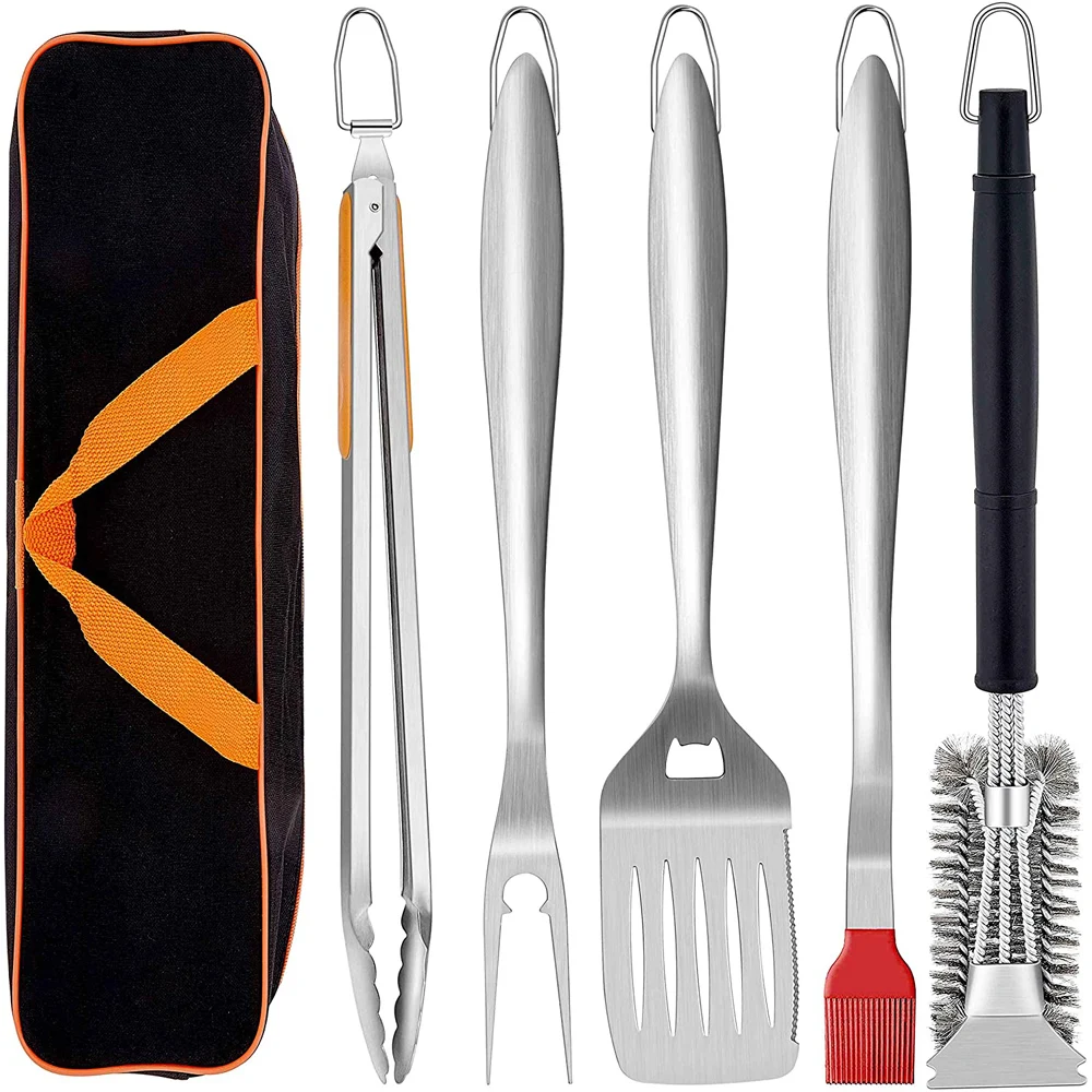 
5pcs/6pcs extra long stainless steel barbecue grill tool accessories set for kitchen outdoor cooking camping 