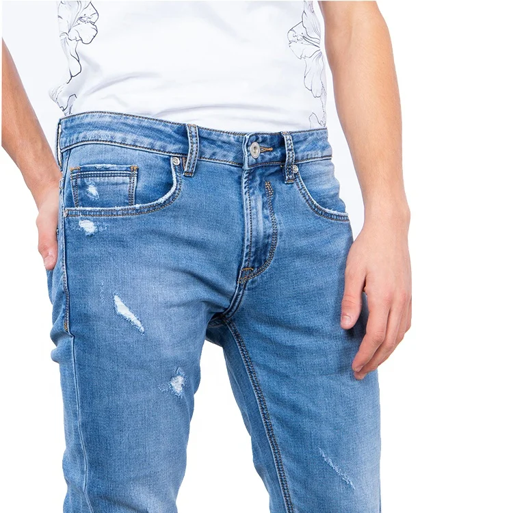 
Fashionable hole design jeans men denim fabric ripped pants distressed skinny slim fit man jeans 