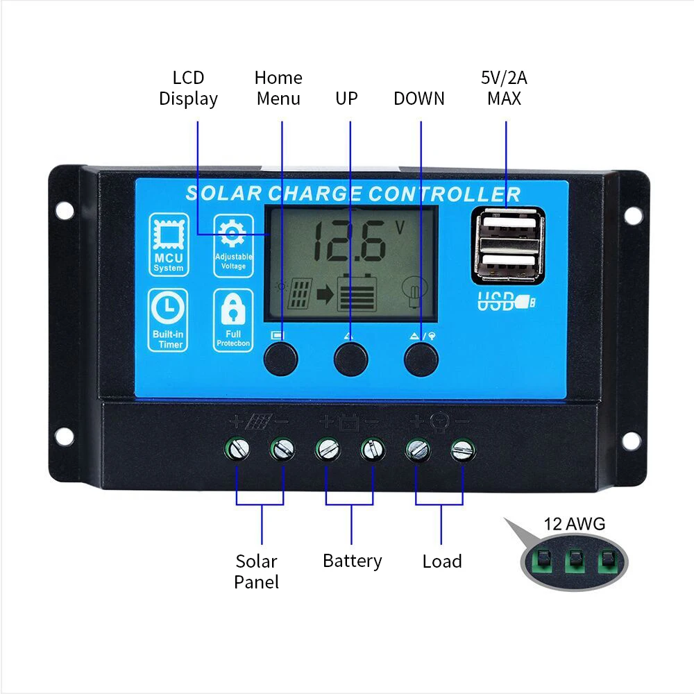 AT10 30A Solar Power  Dual USB Charge Controller PWM Battery Controller For Solar Energy System