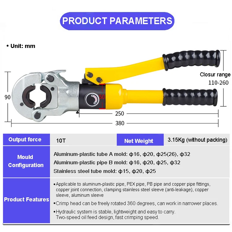 Hydraulic Pex Pipe Tube Crimping Tool Cw-1632 Pvc Pipe Crimp Pressure 10t With Mold 16 20 26 32 For 16-32mm Fitting