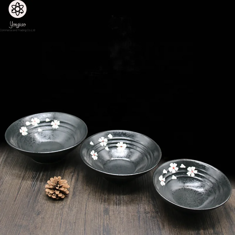 Custom printed wholesale ceramic Japanese black pottery ramen noodle bowl