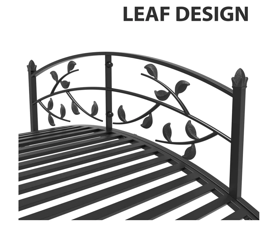 4 Ft Black Leaf Design Garden Metal Arch Bridge Backyard Iron Bridge Footbridge with Security Guardrail Backyard Decor