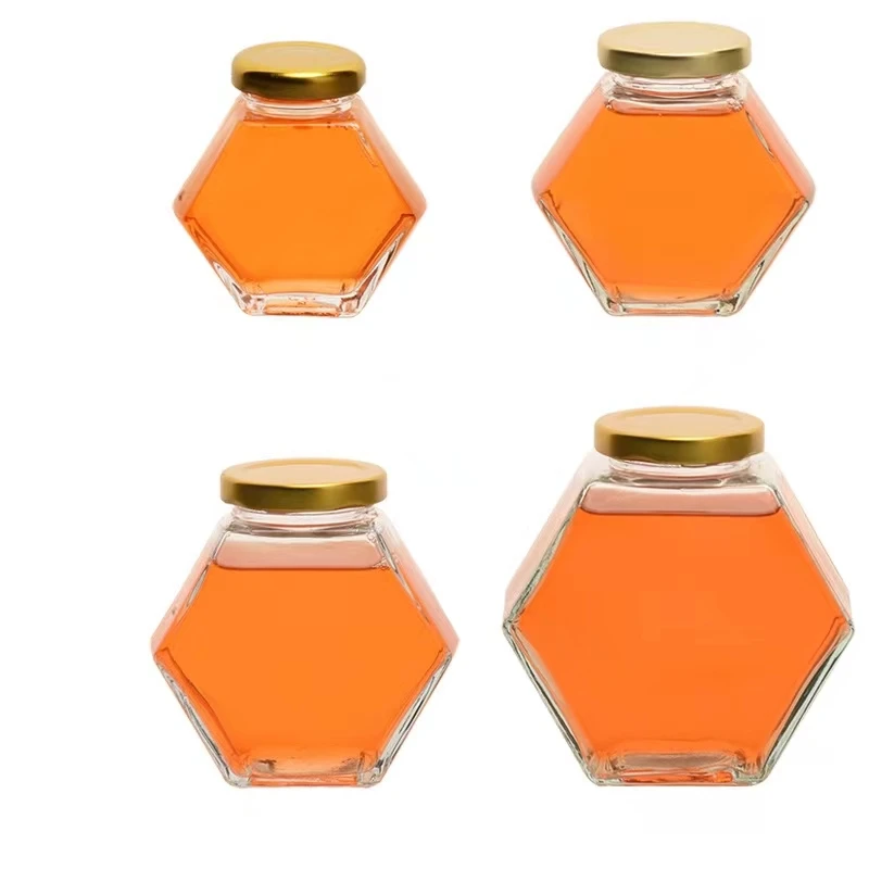 Wholesale Hexagon Glass Container Storage Bottle With Metal Lid Food Storage Bottle Glass Honey Jar