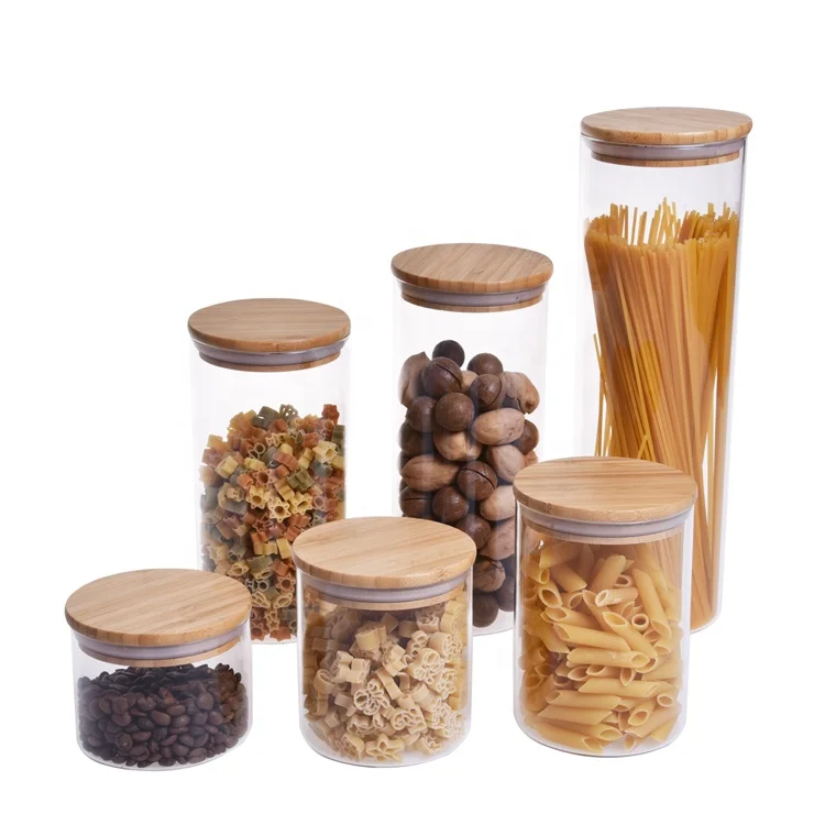  Glass Food Storage Containers Sets Airtight Jars With Bamboo Wooden Lids Kitchen Canisters For Sugar Candy Cookie Spice