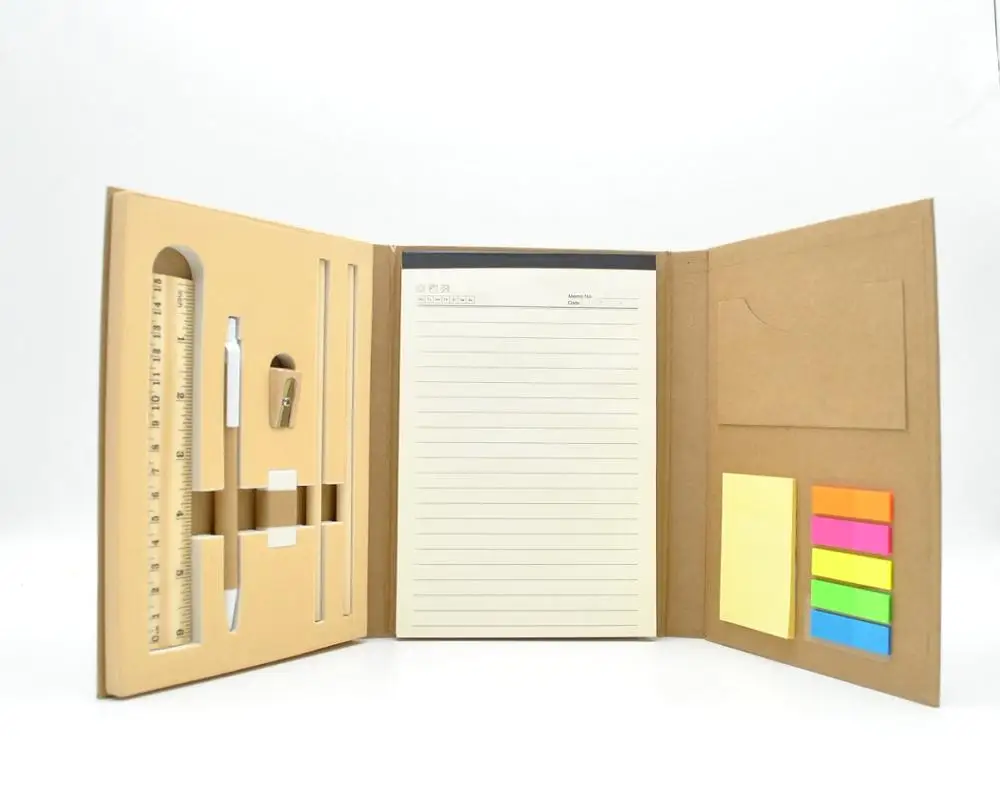 Customized Eco friendly kraft hardcover notebook notepad with sticky notes/pencil/ruler/eraser/sharpener for promotional