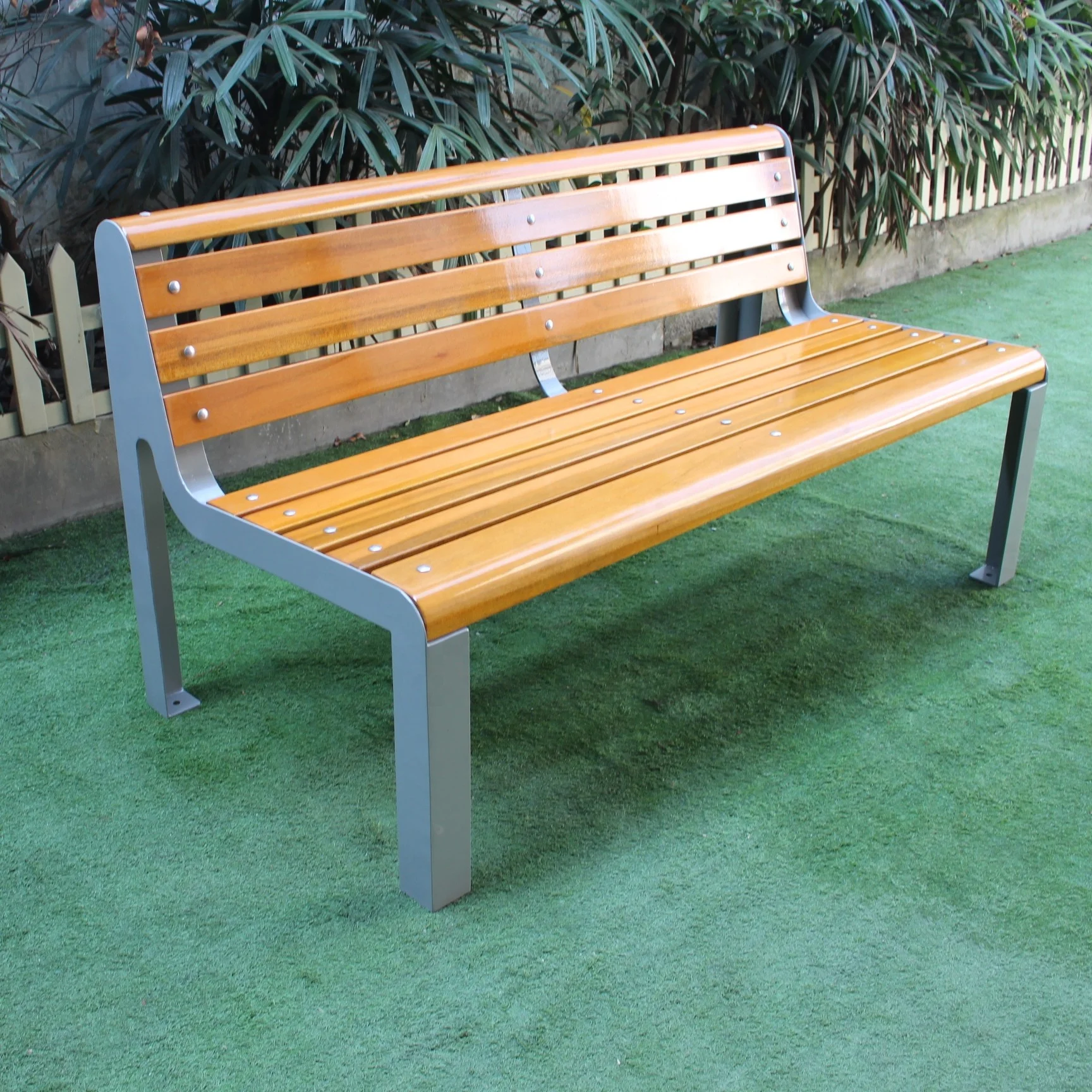 Metal frame and solid timber wood outside garden and park seat natural hard wood outdoor picnic bench