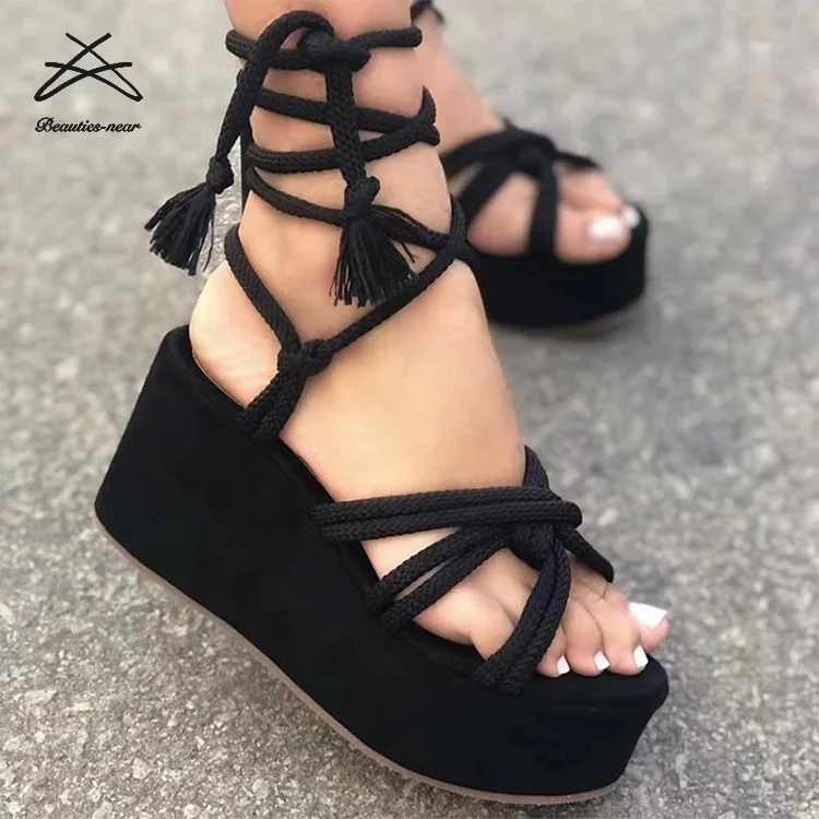 2022 New Platform Sandal Women Shoes Lace Up Plus Size Striped Wedge Sandals Womens Summer Chunky Outdoor Heeled Sandals