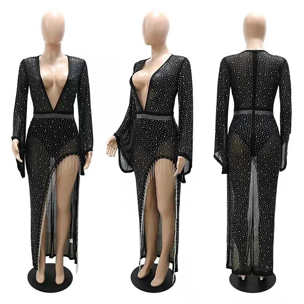 2022 Women Party Dress Perspective Deep v-Neck Skirt Drilling Sexy Rhinestone Fringe Slit Tassel Evening Dress 3XL