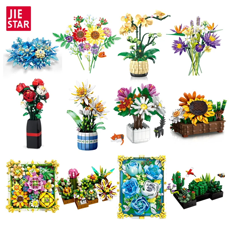 JIESTAR Wholesale Diy Botanical Succulent Bouquet Flower Building Block Set Girls Gift Unique Office Desk Decoration Home Decor