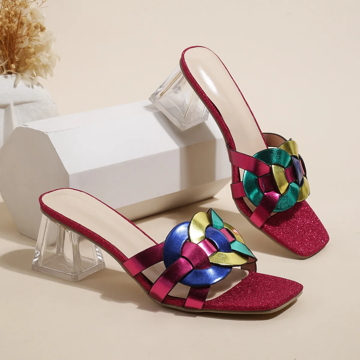 New Square Toe Transparent Heeled Sandals Block Strap Woven Suitable For Wedding Place Slip On Slippers For Ladies Nude Heels