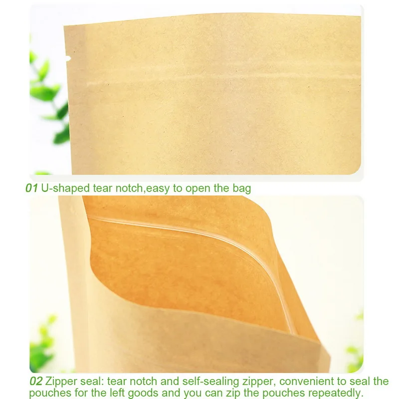 50 Pcs Kraft Food Bag Reusable Zip Lock Sealing Bags Storage With Notch Matte Transparent Window