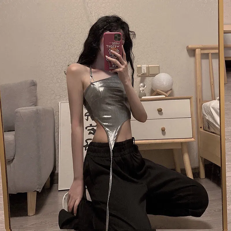 
Summer sexy vests silver halter sleeveless vests women fashion vests Hugh women sleeveless casual top 