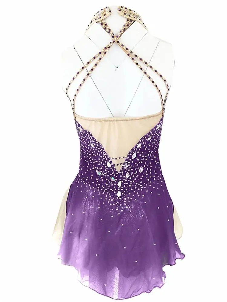 Figure skating dress girls sleeveless rhinestones skirt spandex dance costumes sexy ice skating dress