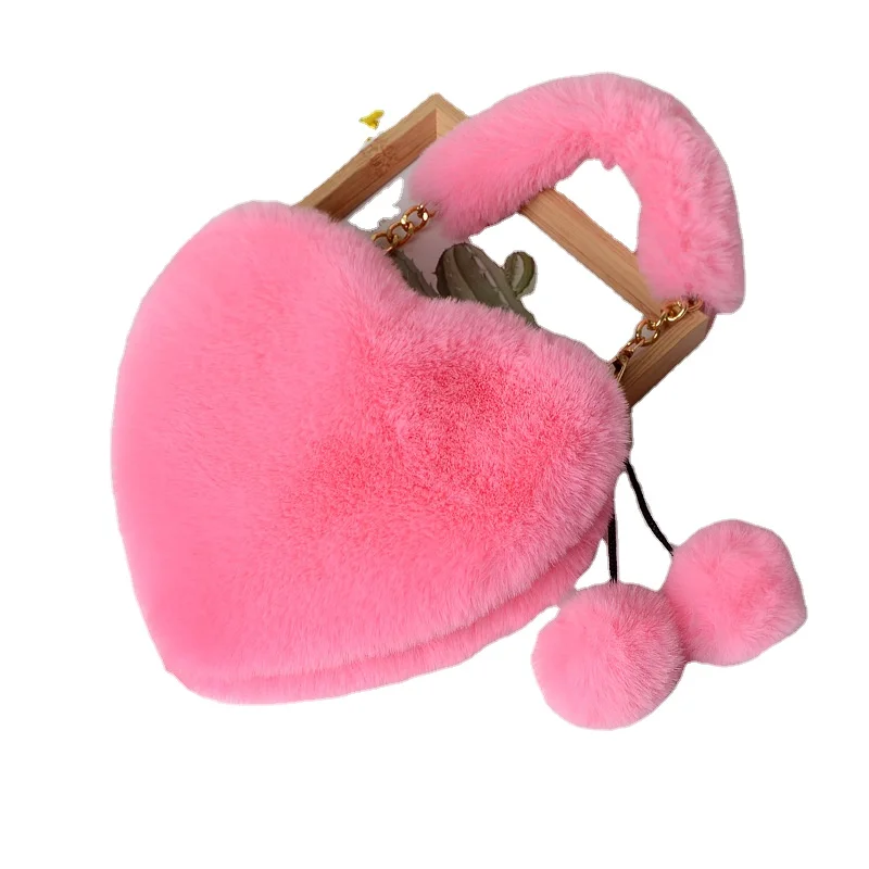 Wholesale New Trendy Popular Girls Cute Pink Plush Love Ladies Purses Tote Bag Fluffy Heart-shaped Fur Women Clutch Handbags