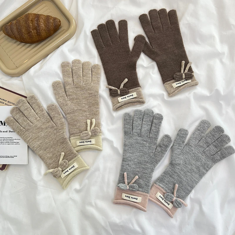 Bowknot Decoration Women Winter Warm Cashmere Glove Custom Fashion Knitted Gloves Girls Knitted Full Finger Gloves