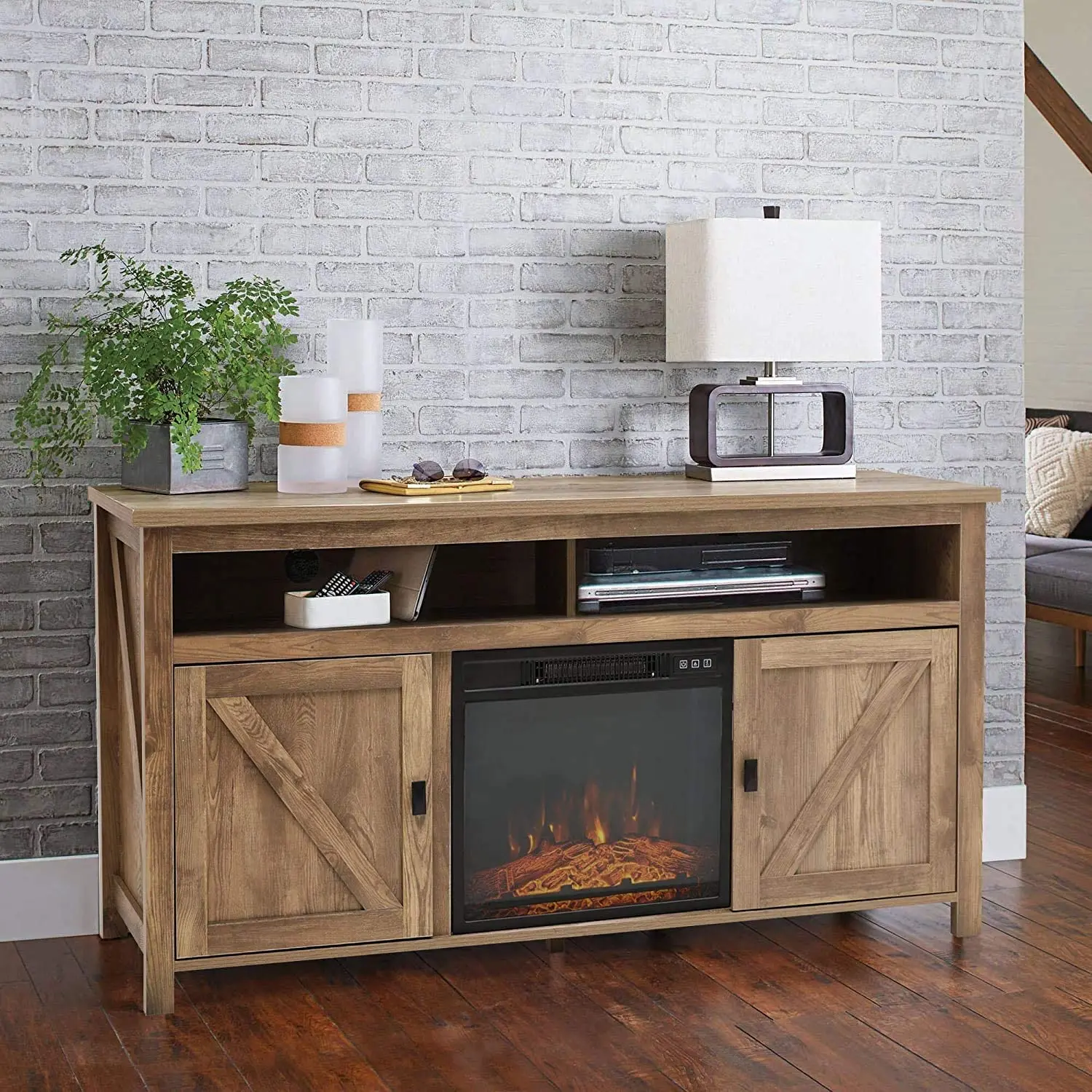 Wood Entertainment Center Media Console Fireplace Farmhouse TV Stand for 65 Inch