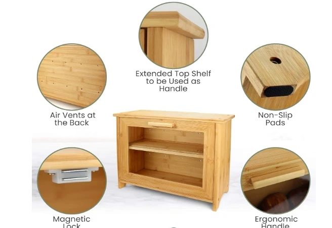 Bamboo Bread Box for Kitchen Countertop Double Layer Bread Storage Bin with Clear Windows Rustic Farmhouse Style Bread Bin