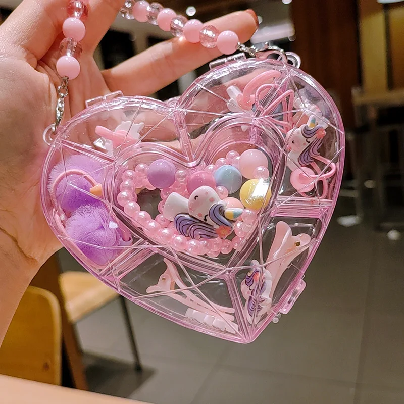 Cute Cartoon Girls Kids Necklace Bracelet Ring Hairpins Jewelry Heart Gift Box Set Princess Children Hair Accessories