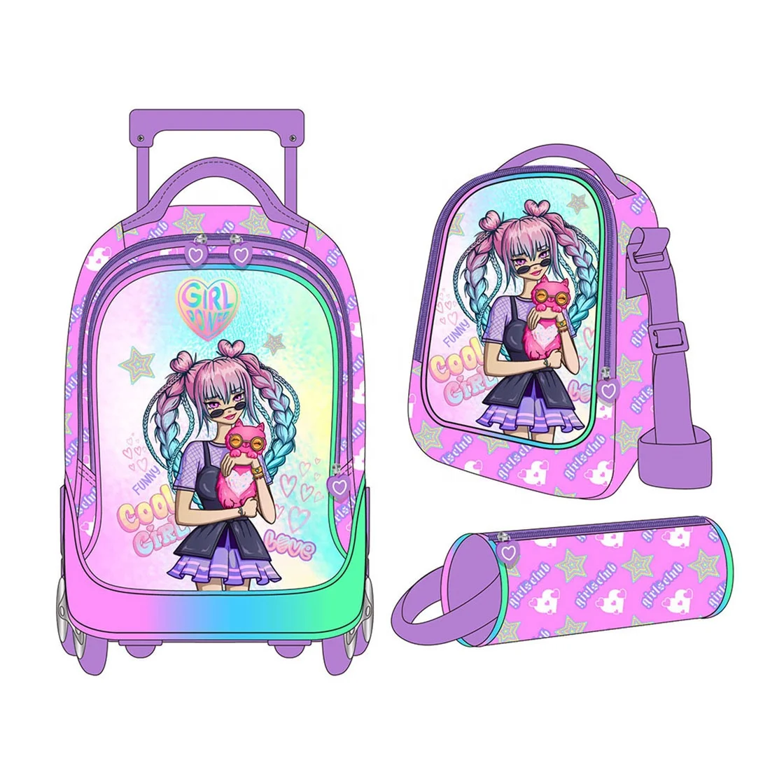 2024 Kids Girls School Bag Set 3 In 1 With Lunch Bag Pencil Case School 6 Wheels Trolley Bag