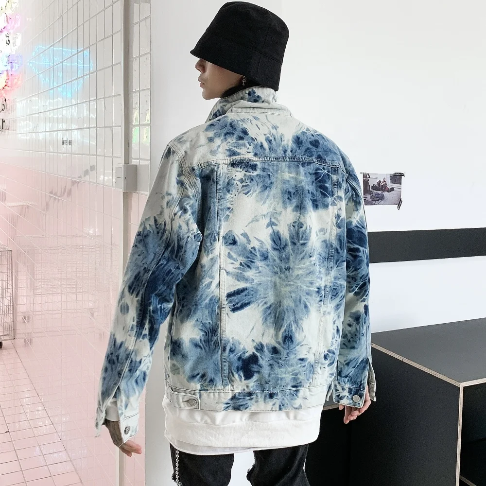 Tie dye European and American autumn winter hip hop denim jacket for men tie dye denim jacket for men from factory