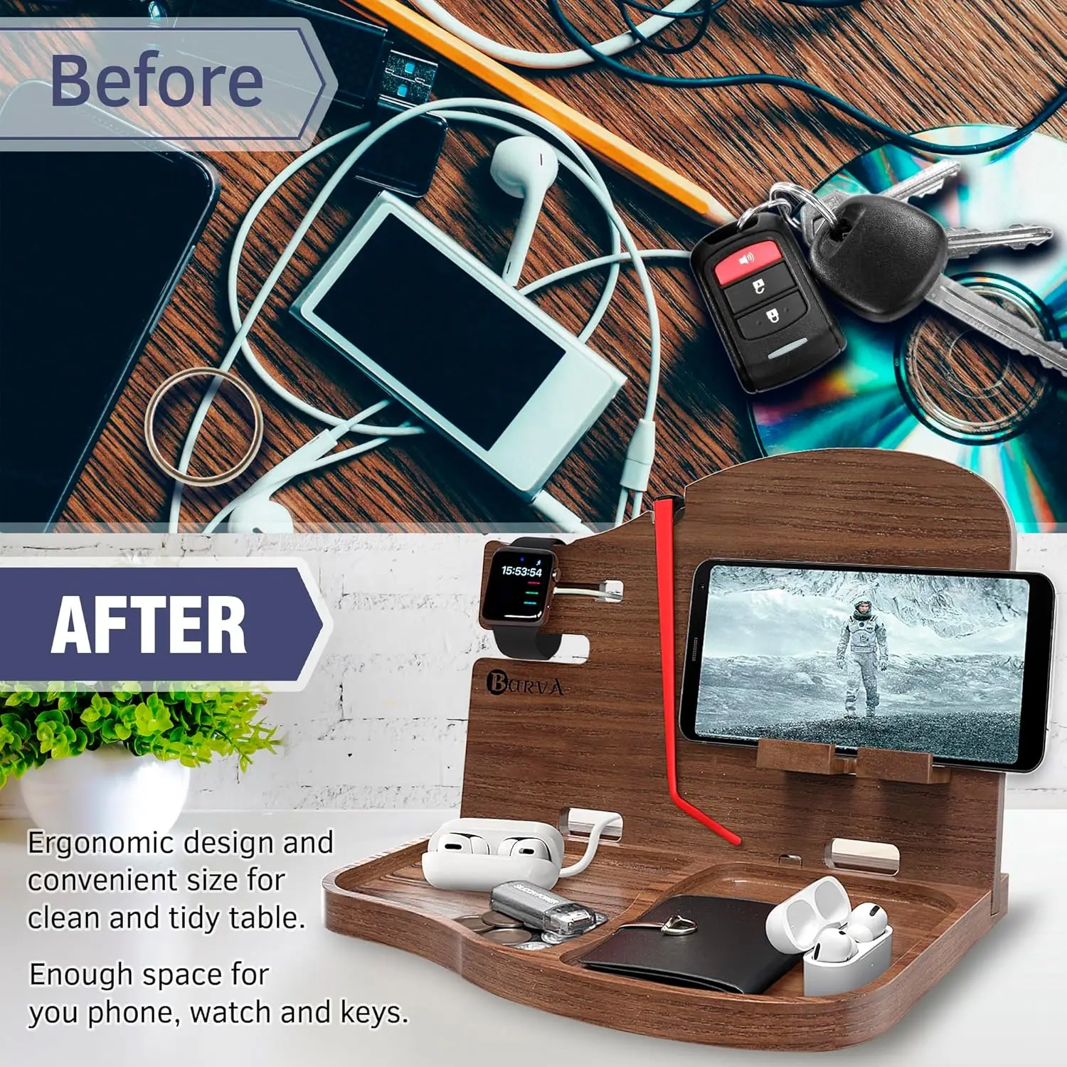 Wood Docking Station Phone Nightstand Organizer Table Charging Dock