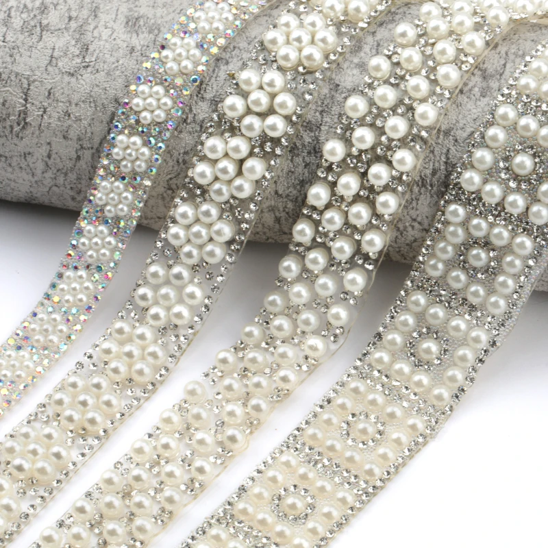 Wholesale Abs Round Pearl Beads Trim Rhinestone Decoration Sewing Crystal Hot Fix Rhinestone With Iron On Appliques For Dress