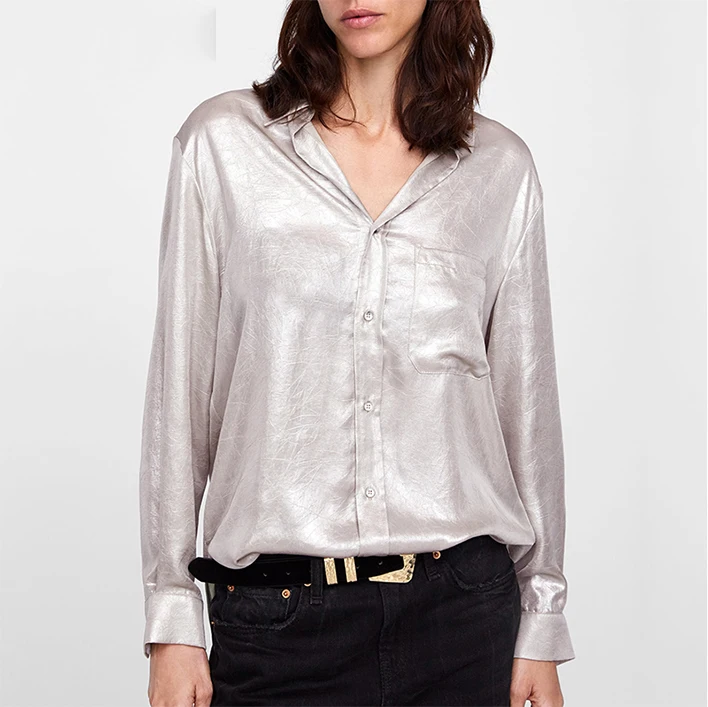 Satin Silk Shirt Women Autumn Long Sleeve Elegant Work Wear Tops Korean Fashion Purple Green Blue Blouse Shirt