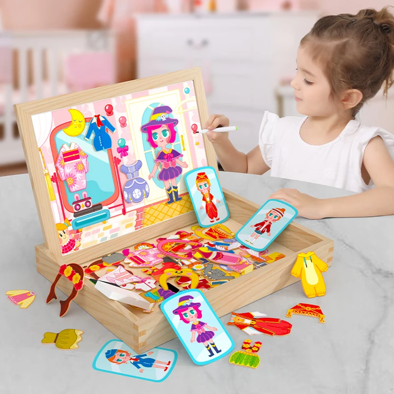 Multi-functional educational Child Wooden Magnetism Cartoon Princess Dress-up Animal Puzzle Double-sided Drawing Board Gift Box