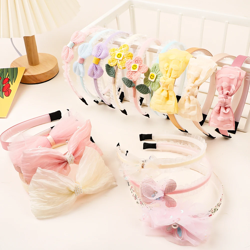 Заводская Оптовая Продажа Симпатичная кавайная Кружевная повязка на голову для детей с жемчугом Детская противоскользящая без вреда волос