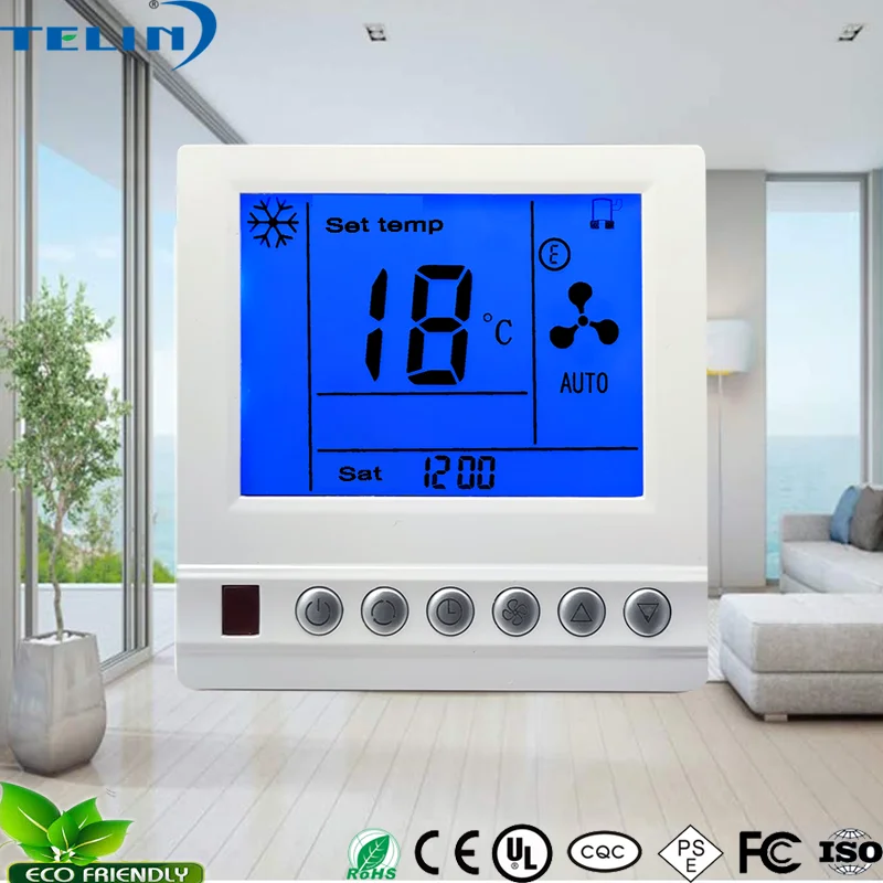 RS485 modbus central computer controlled building hotel room thermostat for fan coil air conditioner 2 pipes 4 pipes