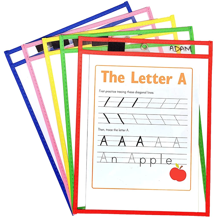 5PCS Colorful PVC PET Material kids educational writing practice dry erase pockets with Loop