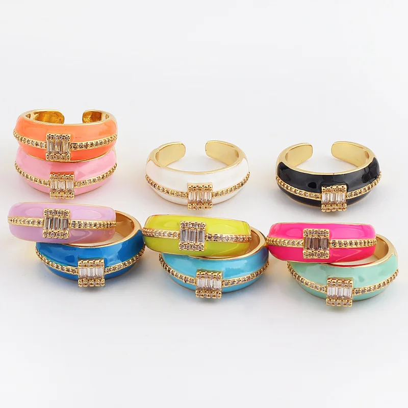 2021 Neon Enamel Shiny Zircon Opening Metal Adjustable Ring For Women Gold Plated Chunky Rings Engagement Wedding Jewelry