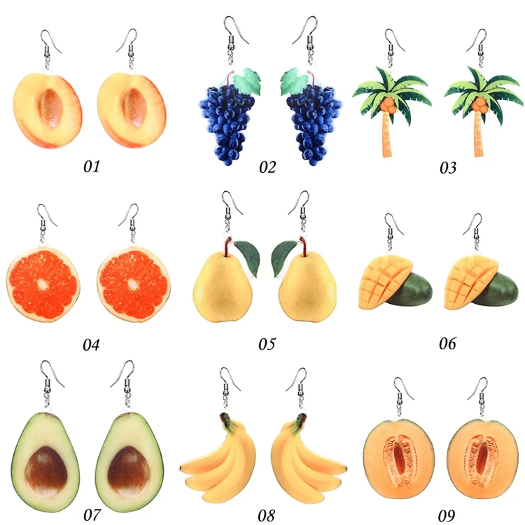 Fashion Cute Colorful Mango Banana Avocado Peach Grape Pear Pendant Drop Acrylic Fruit Earring Jewelry For Women