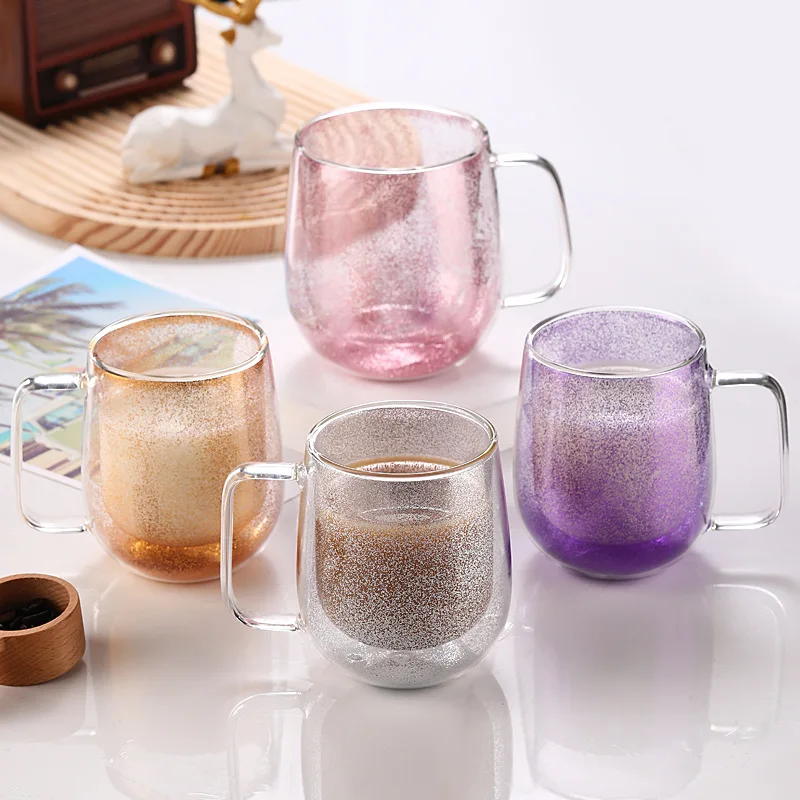 Wholesale Colorful Liquid Sand Double-Layer Glass Cup with Drilled Crystal Art, Sand-Filled Coffee Cup