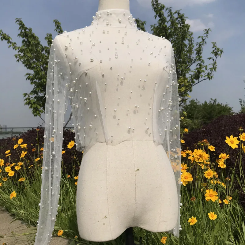 2022 Pearls Long Sleeve Wedding Jacket  Shawl Embroidery Lace Jacket for Wedding Bride Shawl Bolero Pattern