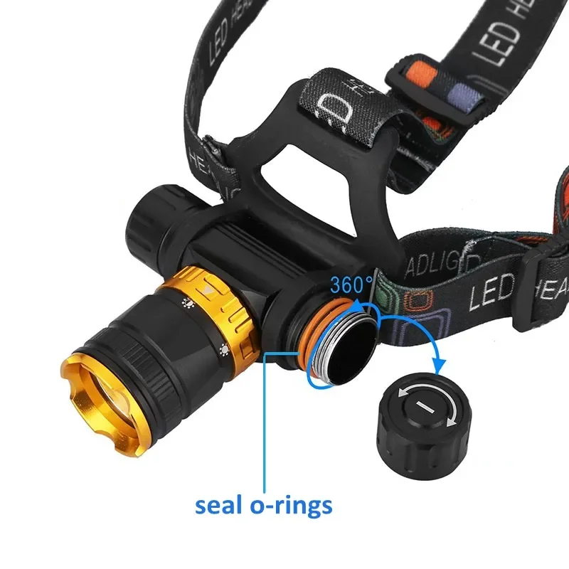 Powerful T6 LED Diving Headlamp Aluminum Alloy Waterproof Torch with Rechargeable Battery & IP68 Rating