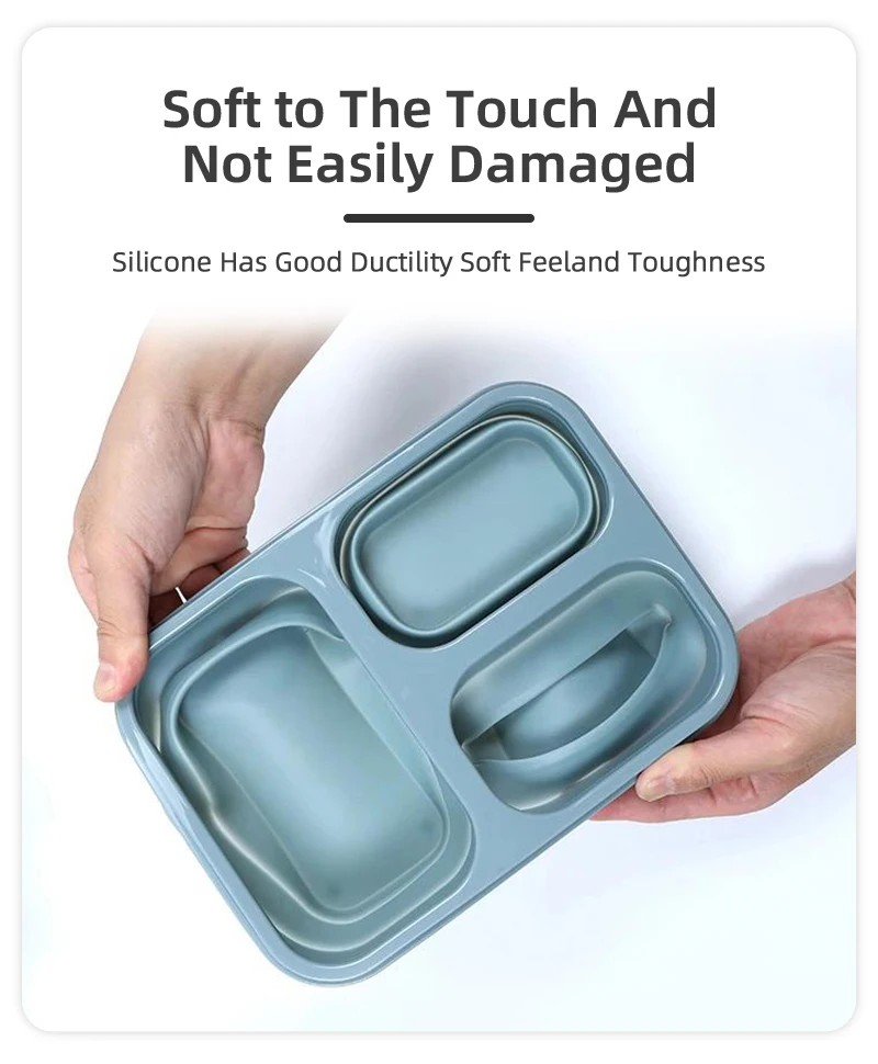 Custom Children Dinnerware Collapsible Lunch Box Silicone 3 Compartments Foldable Bento Box With Fork Spoon For Workers And Kids