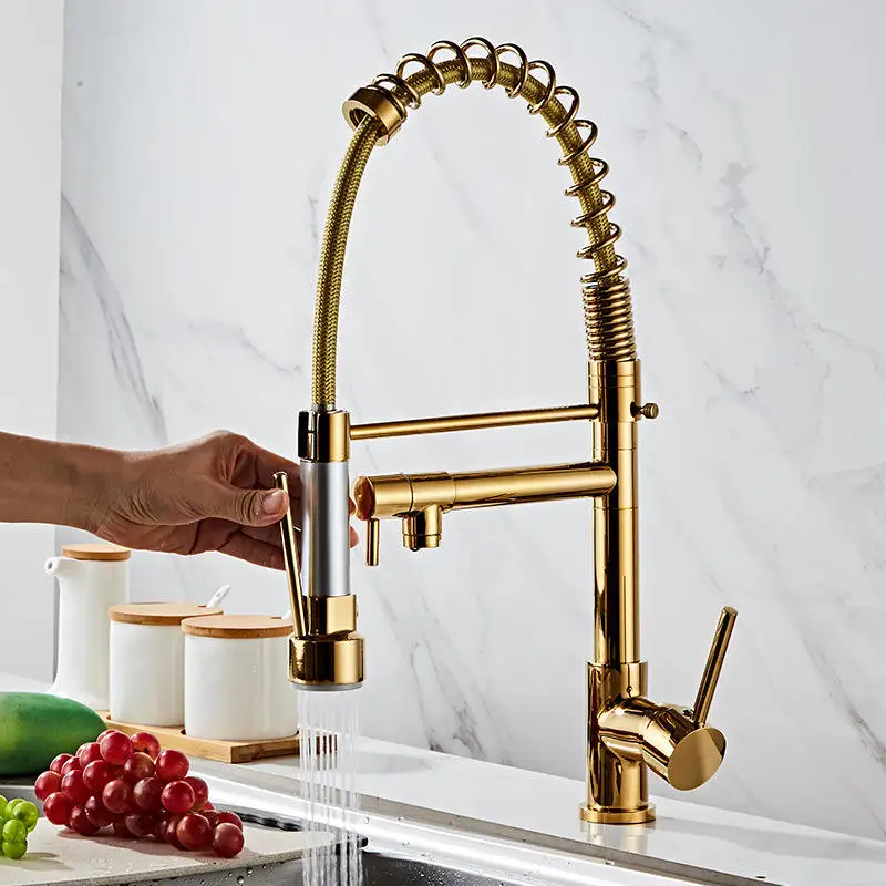 Wholesale Gold Luxury Single Hole Pull Out Spring Sprayer Dual Spout Kitchen Faucet