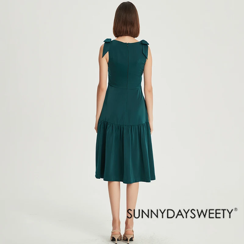 2022 S/S Bow Straps Sleeveless High Waist Hidden Back Zipper One Piece Girls Party Green Satin Princess Dress