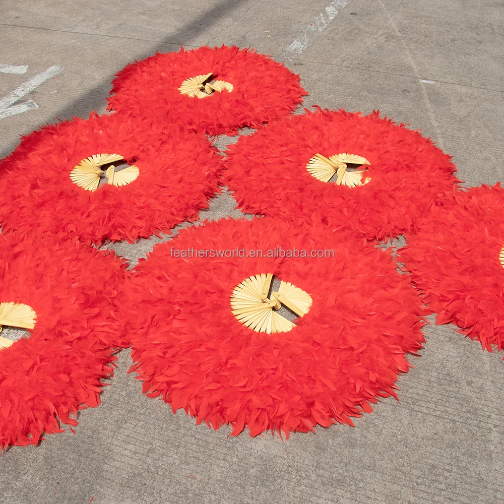 Turkey Feather Fans 13 Bones Plumage FAN With Bamboo Fluffy Red Staves for Belly Dance Halloween Wedding Party Folding Fan