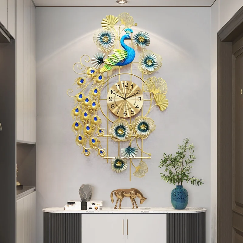 Hot Sale Large Wall Clocks For Living Room Decor Gold Decoration Wall Watch For Bedroom Kitchen Retro Peacock Crystal Wall Clock