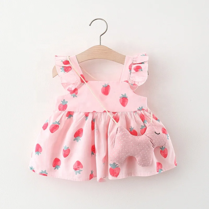 Wholesale summer Girls Strawberry Print Petal Sleeve Cotton Skirt send bags baby girl dress 1 year